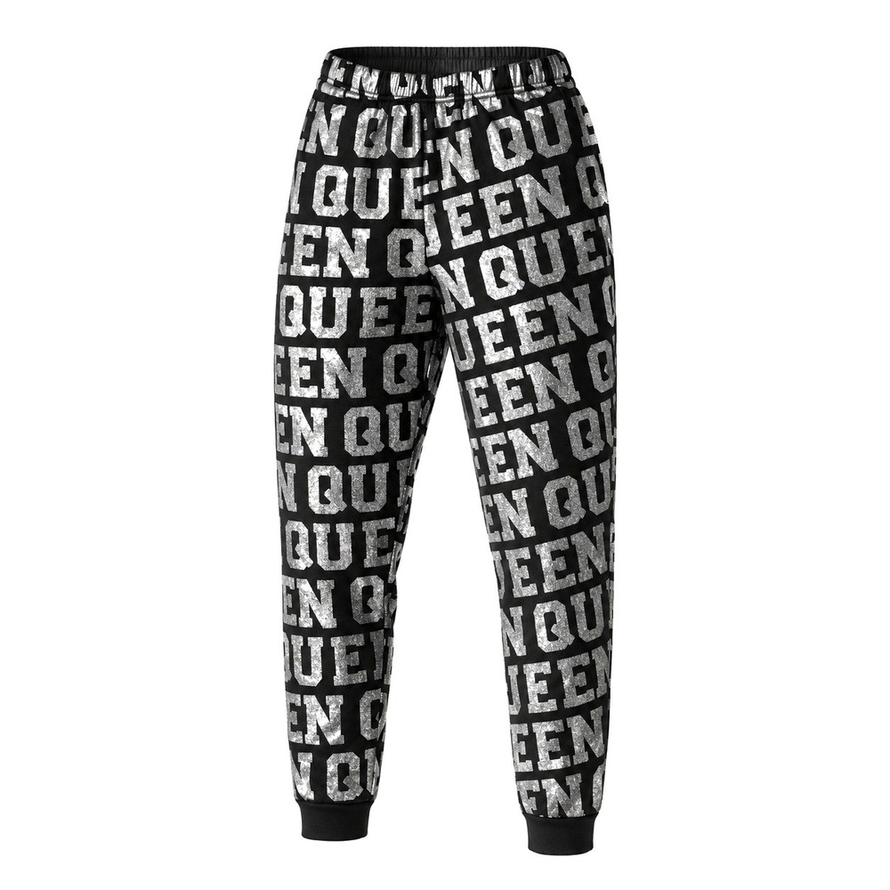 It's Metallic Queen Print Jogger Sweatpants Black‎ Silver Size M